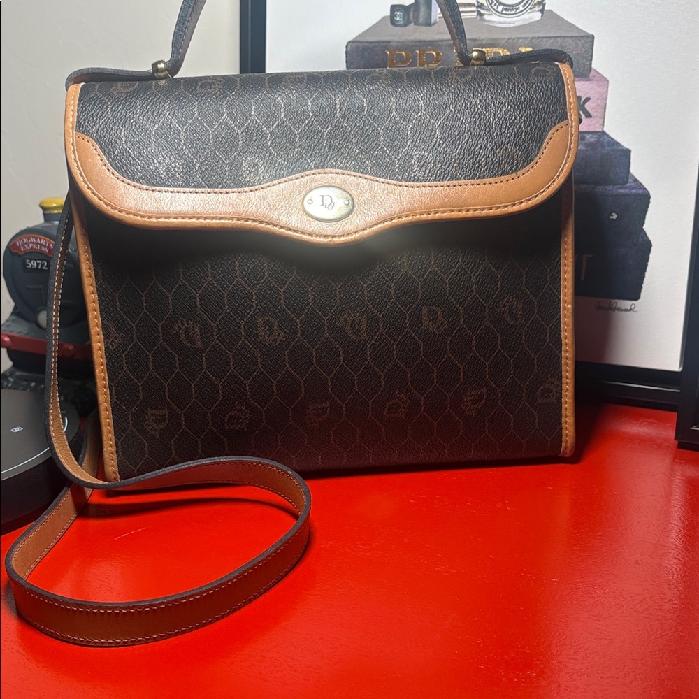 Christian Dior Black/Tan Honeycomb Tophandle Leather Satchel